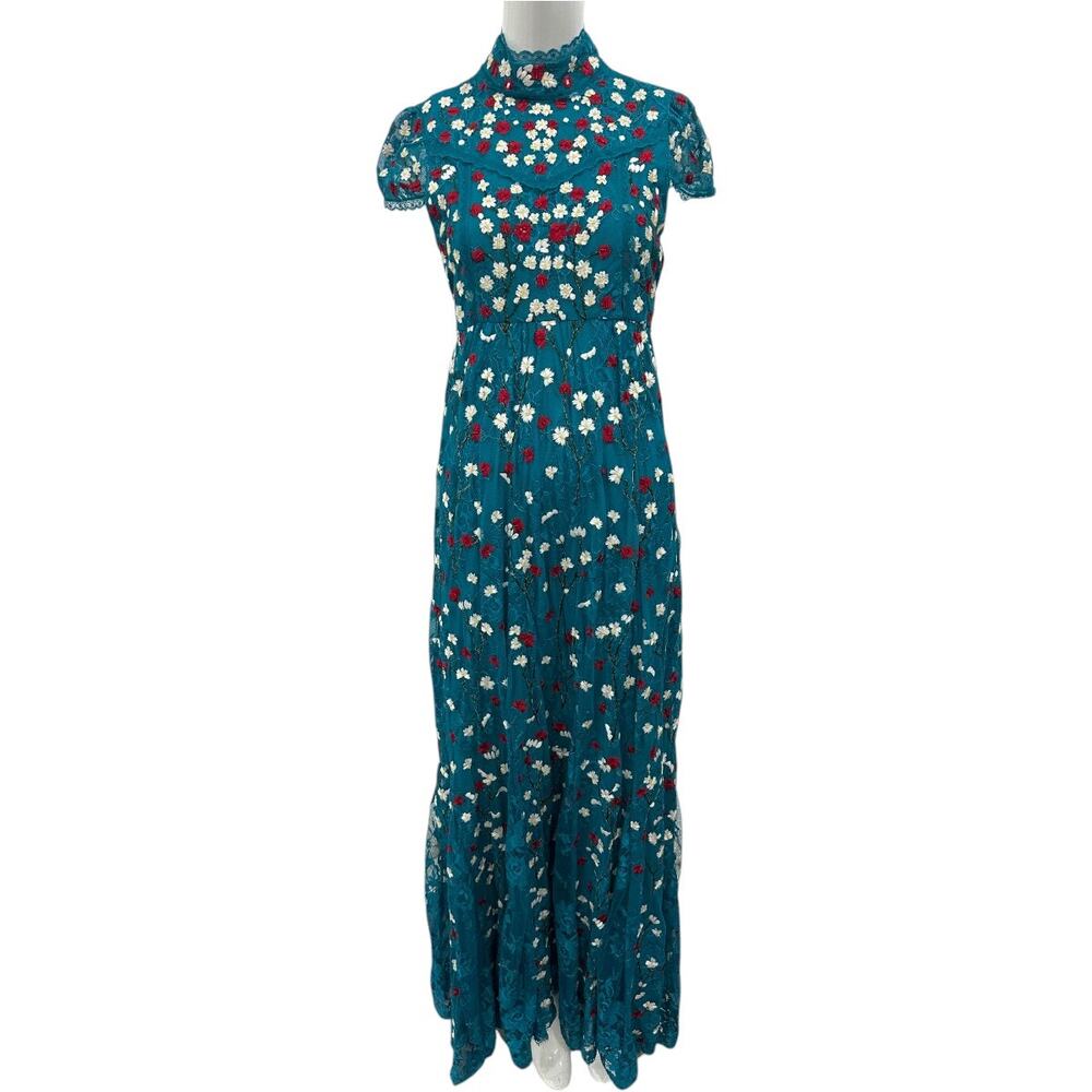Alice + Olivia Nylon Arwen Embroidered Godet Gown Blue Green Women's Size 4